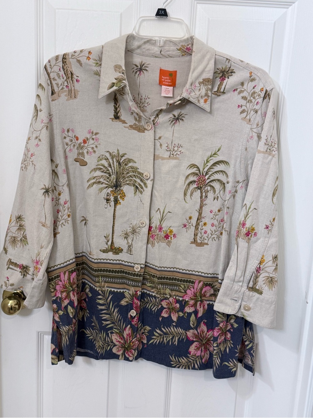 Heart of Palm Linen Blend Beige Tropical Shirt with Navy Floral Border